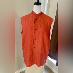 Eskandar Vintage Designer 100% Linen Orange Shirt, Sleeveless Button Down A-Line